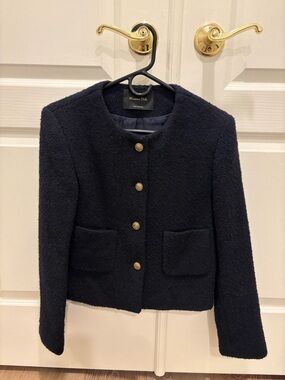 Massimo Dutti Navy Bouclé Collarless Jacket with Gold Buttons